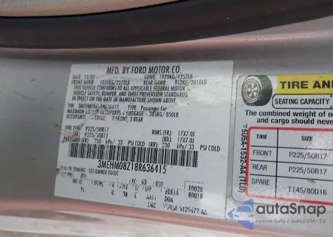 2008 Mercury Milan I4 Premier из США, поврежденный, VIN 3MEHM08Z18R636415